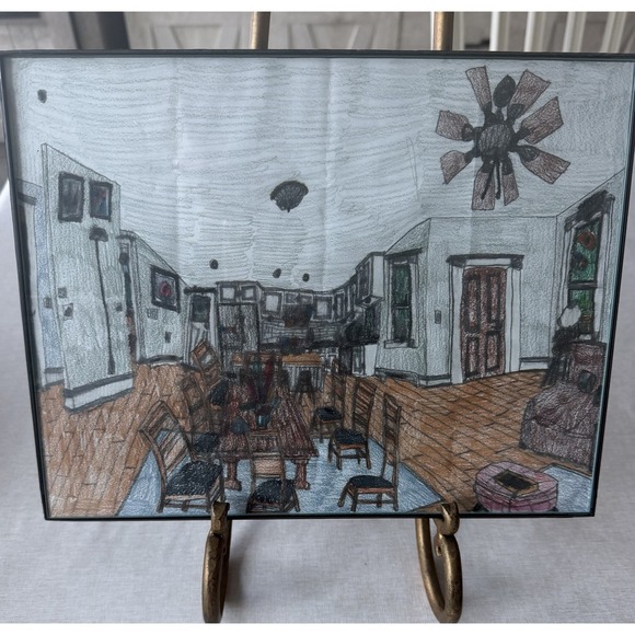 Original Interior Kitchen Dining Room Drawing Crayon Pencil Outsider Art Framed